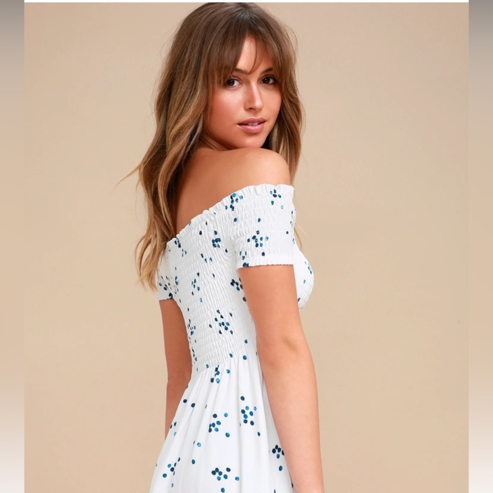 Lulus White and Blue Polka Dot off the shoulder mini dress. Brand new.